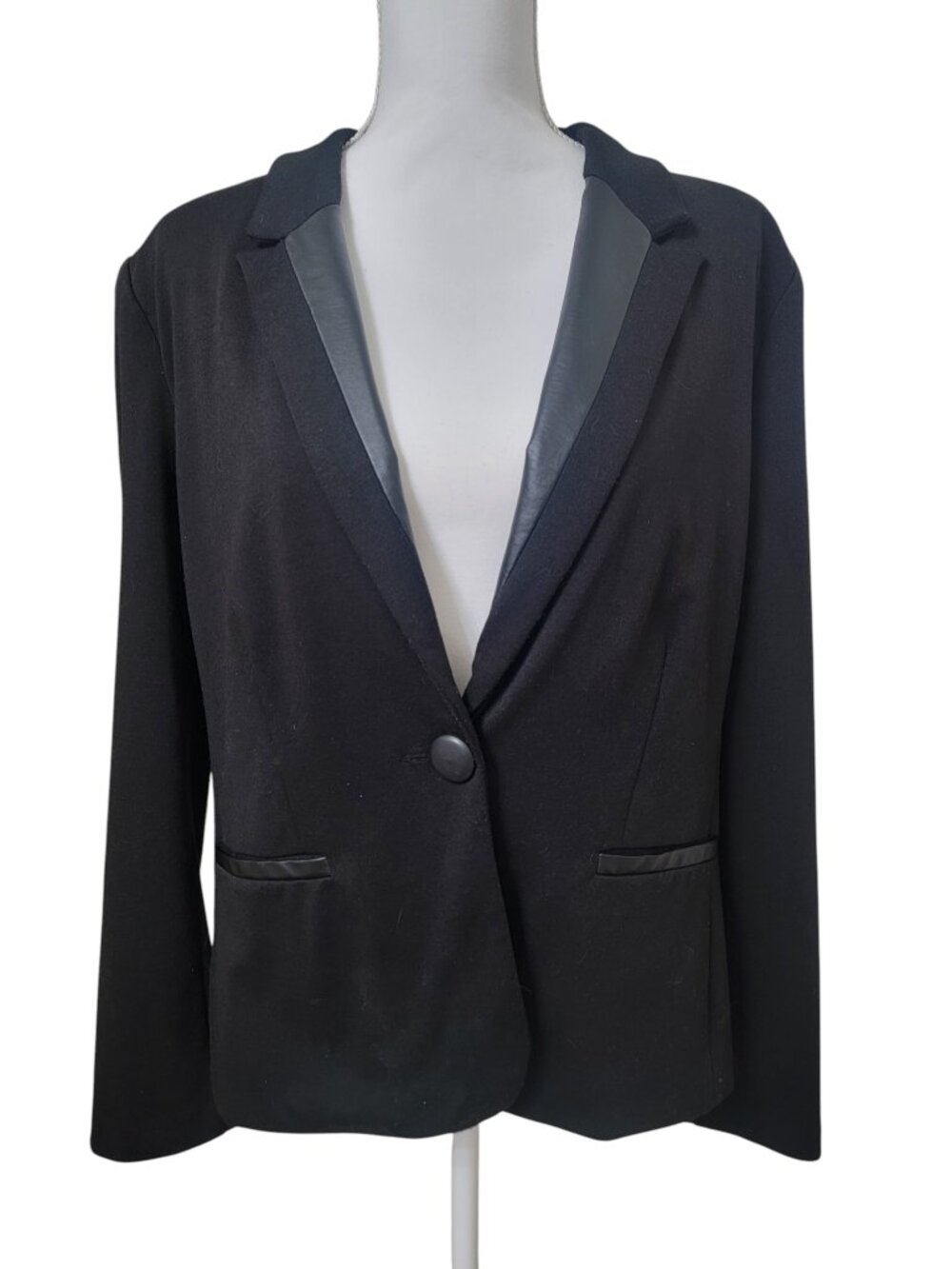 Elementz Size L Black Single Button Black Blazer with Faux Leather Inset Trim